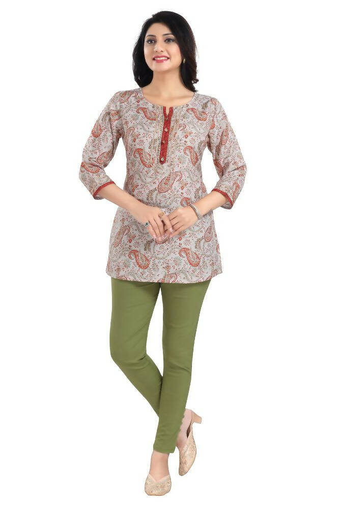 Snehal Creations Charming Cream Rayon Short Kurti Tunic Top - Snehal Creation Inc