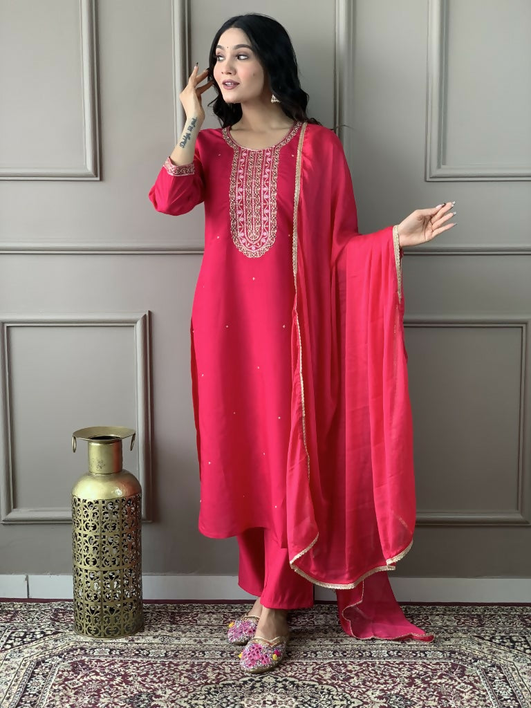 Rani Viscose chanderi Stitched Suit With Dupatta - Tanisha | Swadesiicart