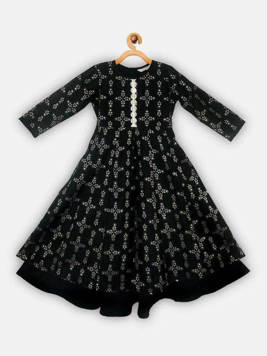 Ahalyaa Black Chanderi Gold Foil Printed Kids Dress For Girls | Swadesiicart