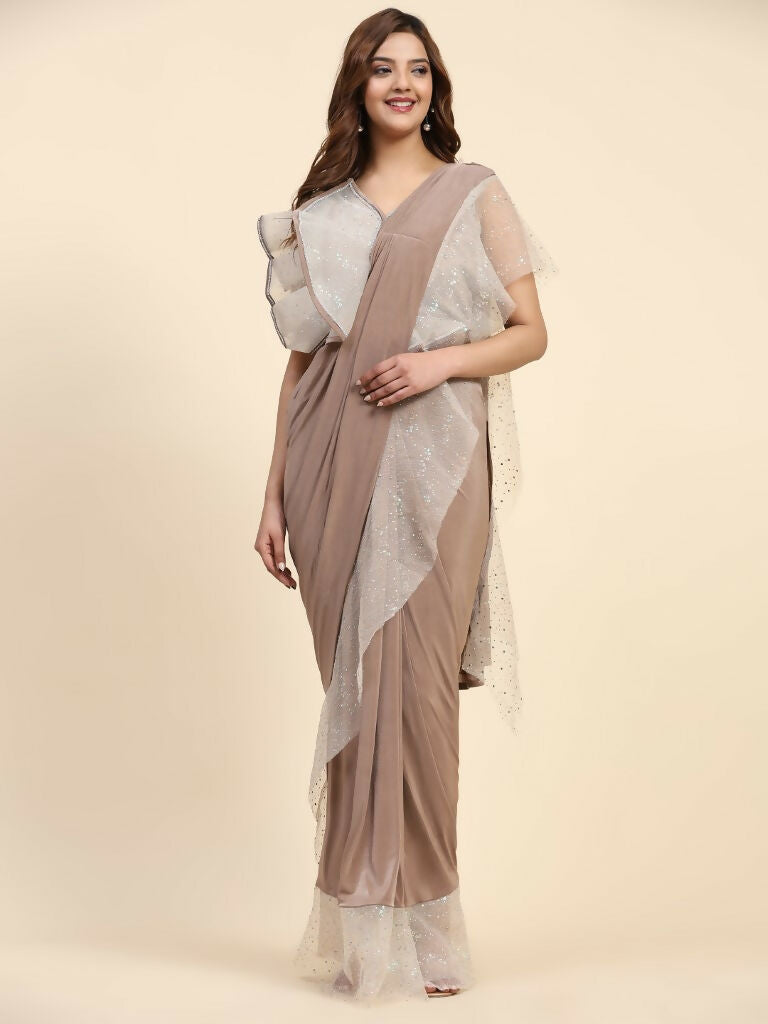 Light Brown Lycra Solid Ready to Wear Saree with stitched Blouse - Nita | Swadesiicart
