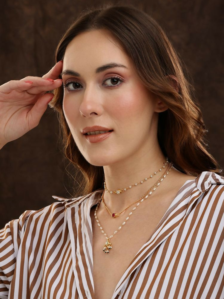 White and gold, Red Stone Kundan Necklace - Ruby Raang | Swadesiicart