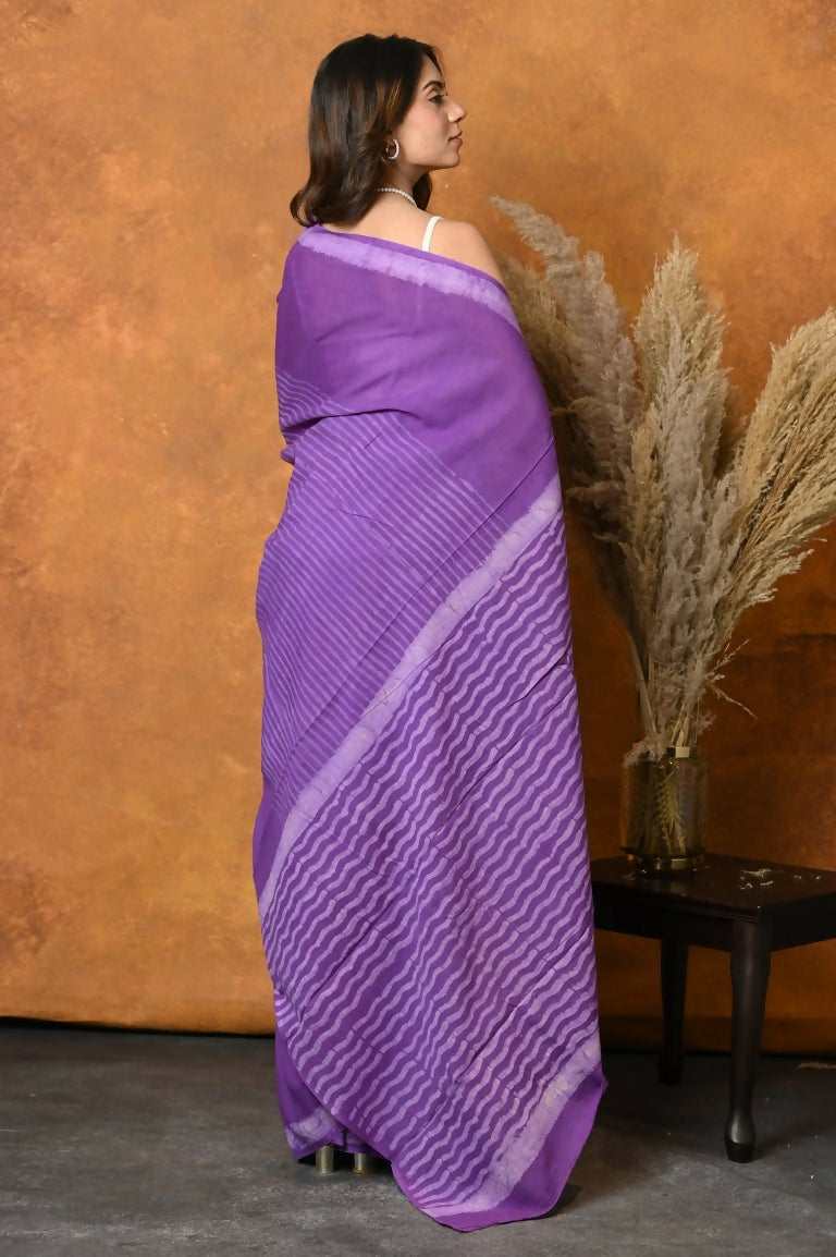 Very Much Indian Pure Cotton Handblock Printed Saree With Natural Dyes - Purple | Swadesiicart