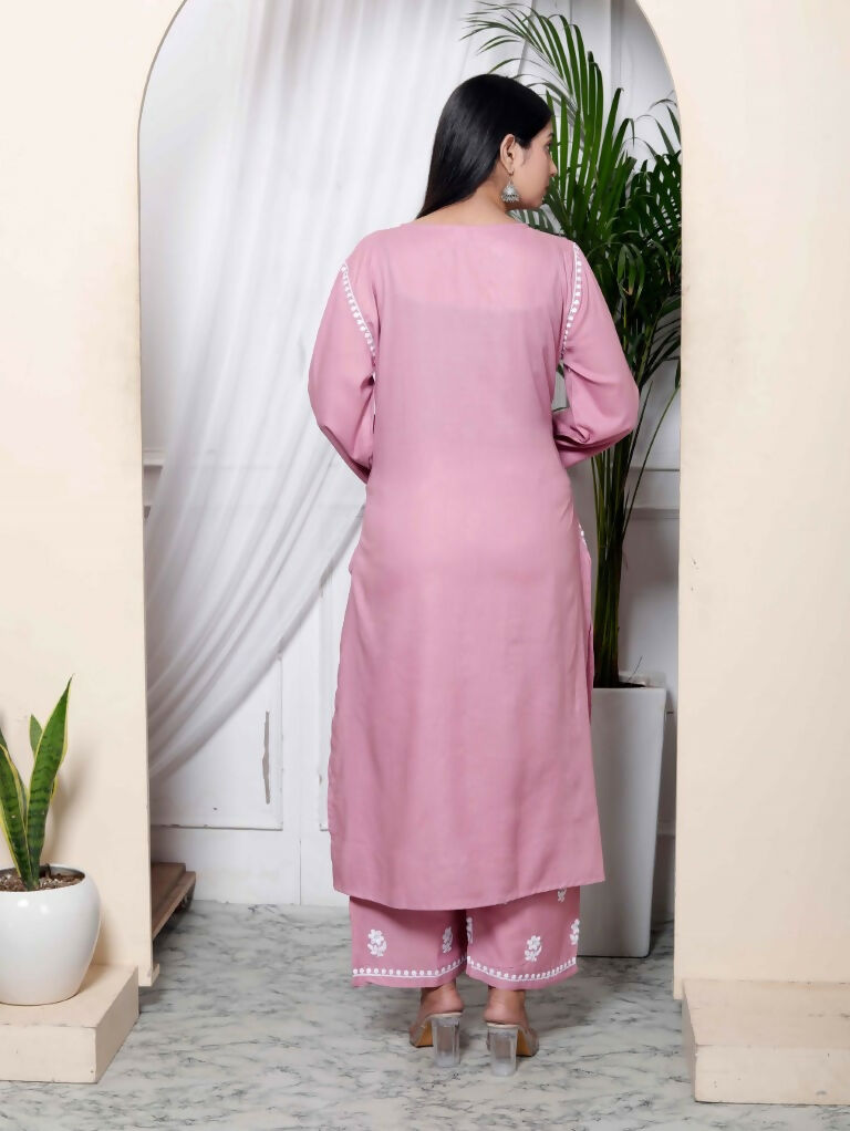 Miravan Women's Chikankari Embroidery Pink Straight Kurta & Palazzo Set | Swadesiicart