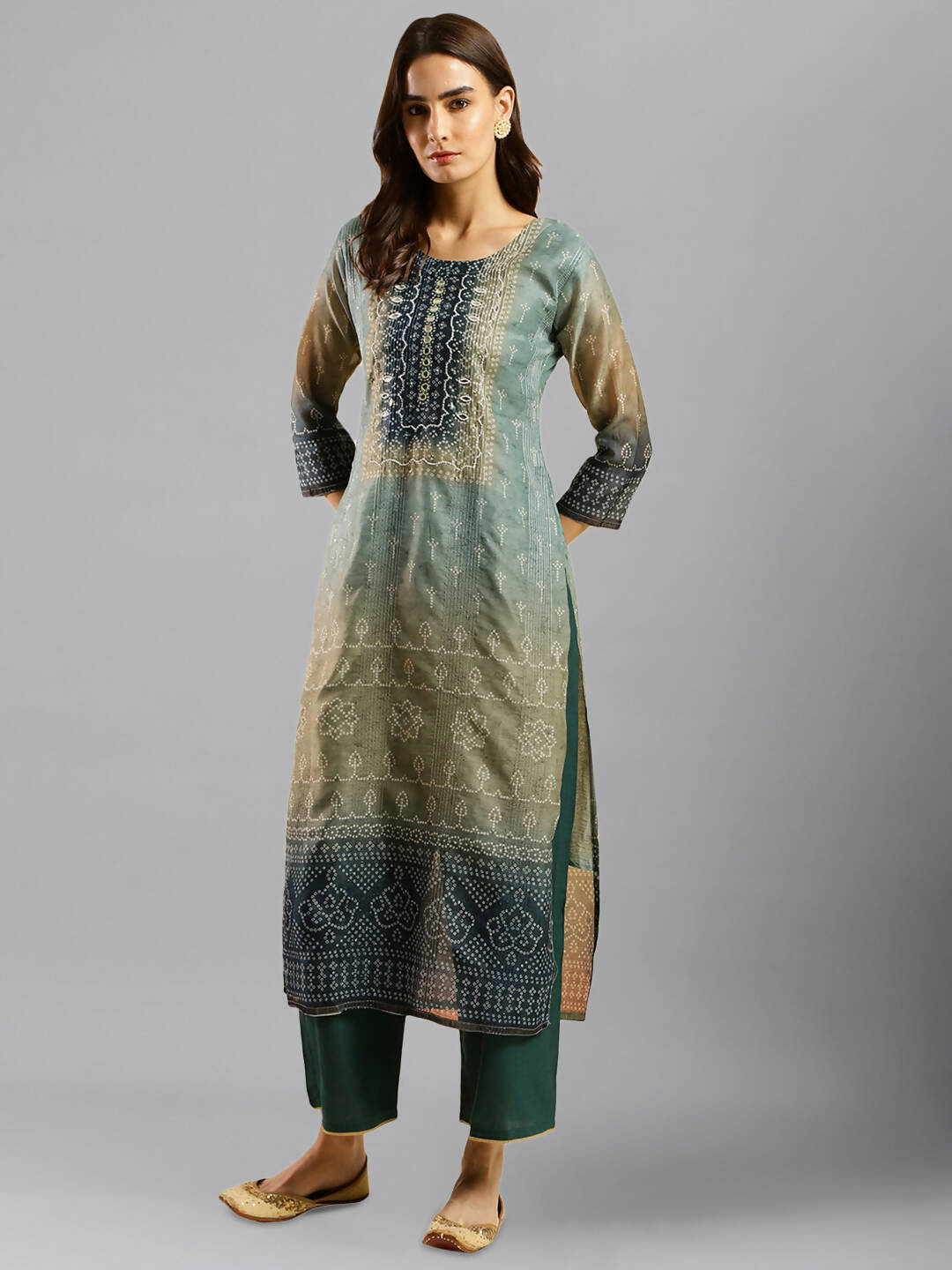 Blue Chinon Digital Printed With Hand Work Kurta - Himanshi - Swadesiicart