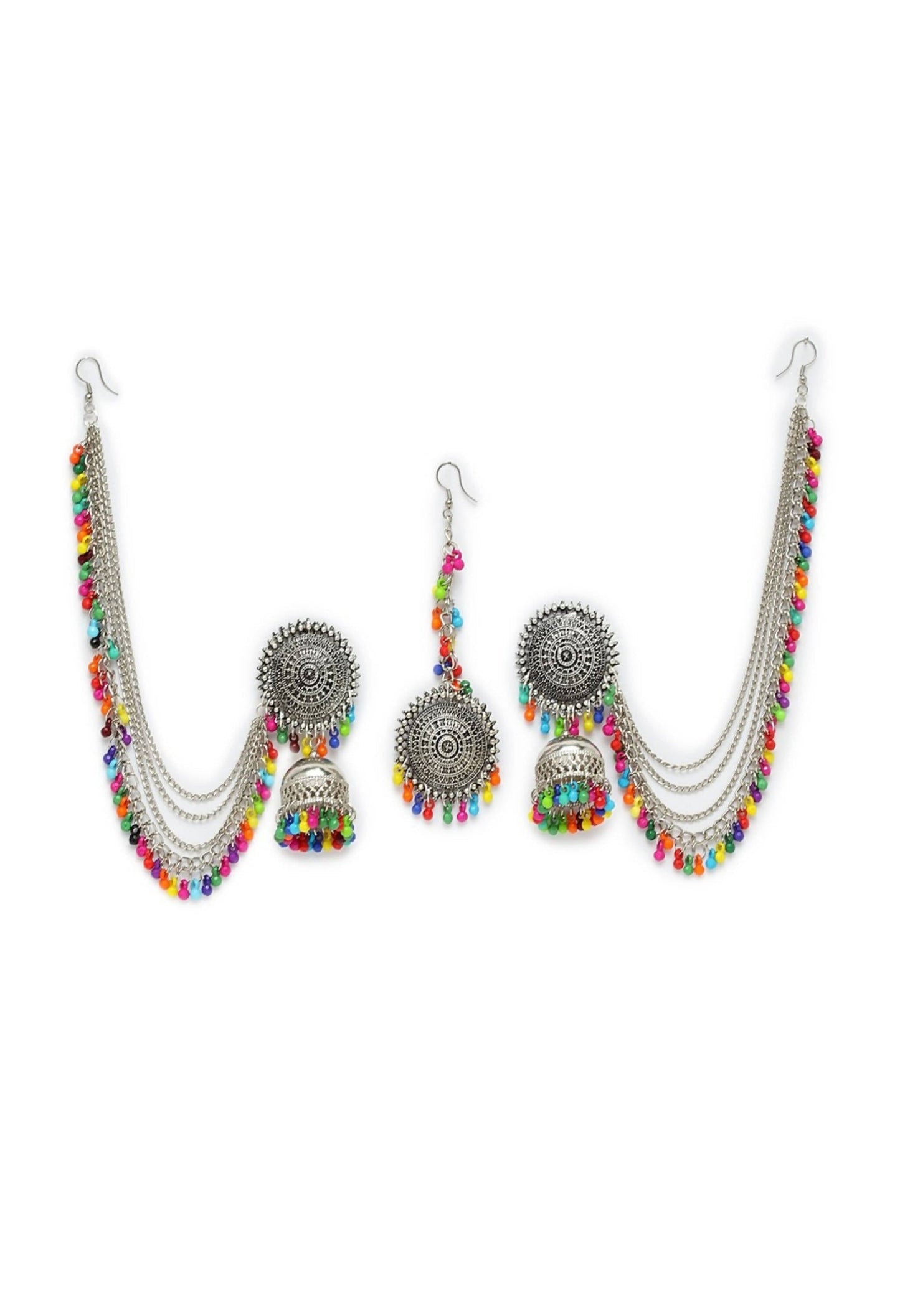 Mominos Fashion Johar Kamal Bahubali Multi Beads Earrings With Tikka - Swadesiicart