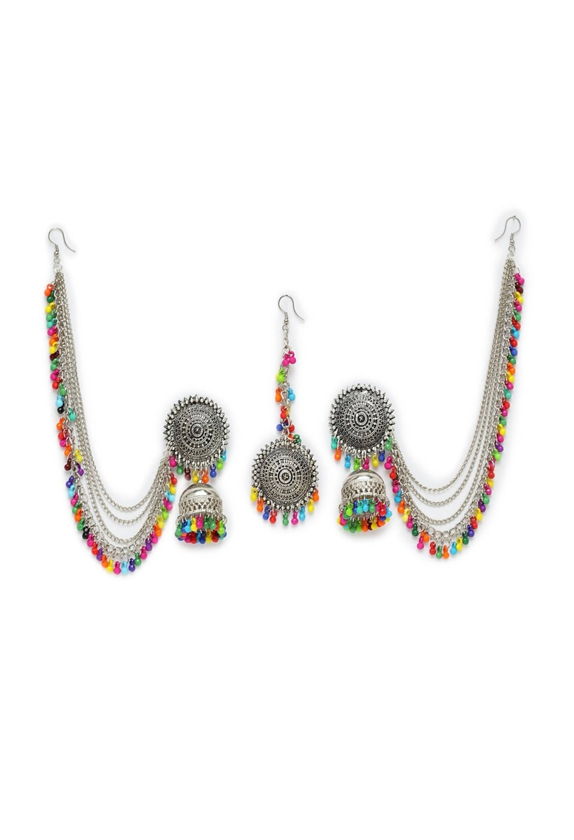Mominos Fashion Johar Kamal Bahubali Multi Beads Earrings With Tikka - Swadesiicart