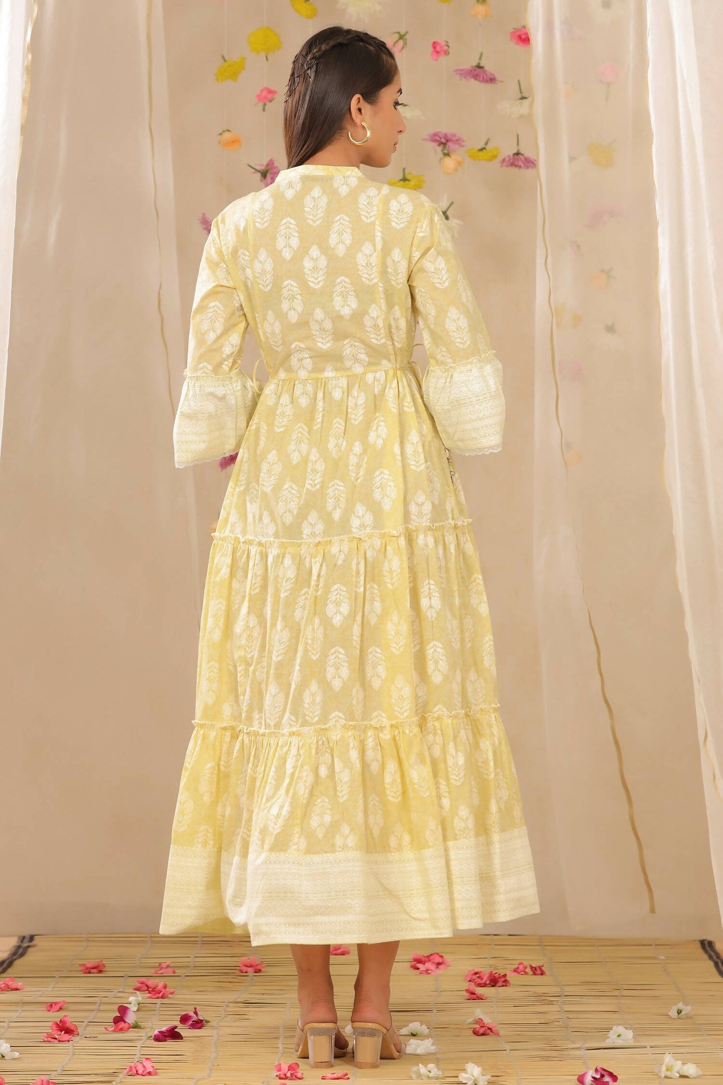 Juniper Womens Limeyellow Cambric Printed Tiered Dress With Flared Sleeve | Swadesiicart