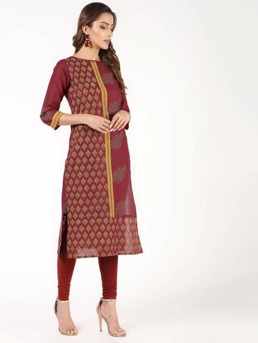 Aniyah Cotton Block Printed Maroon Straight Kurta (AN-141K) - Swadesiicart