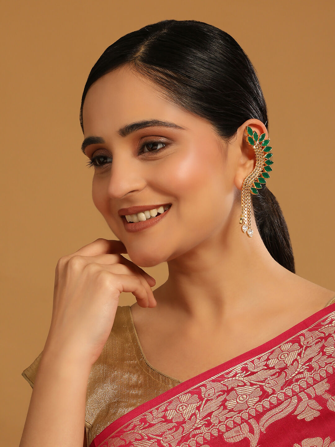 Nuyug 22K Gold Plated Faux Emerald Studded Contemporary Ear Cuff Earrings | Swadesiicart