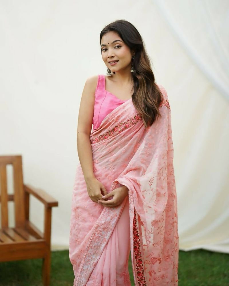 Vamsee Jasmin Peach Uae Georgette Saree - Swadesiicart