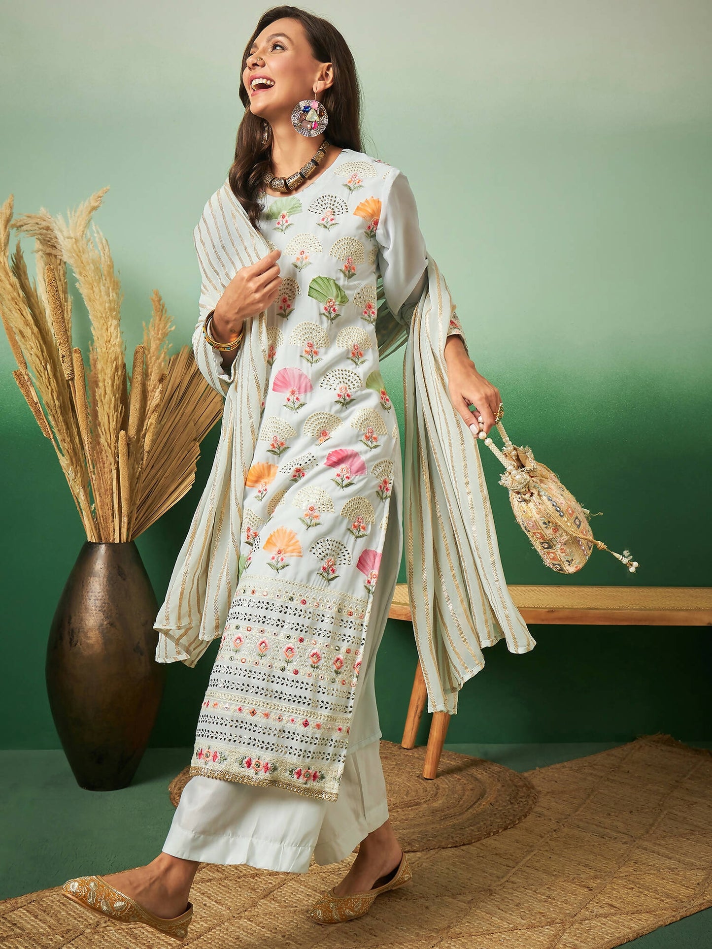 Light Blue Georgette Handwork Unstitched Dress Material - Hanika | Swadesiicart