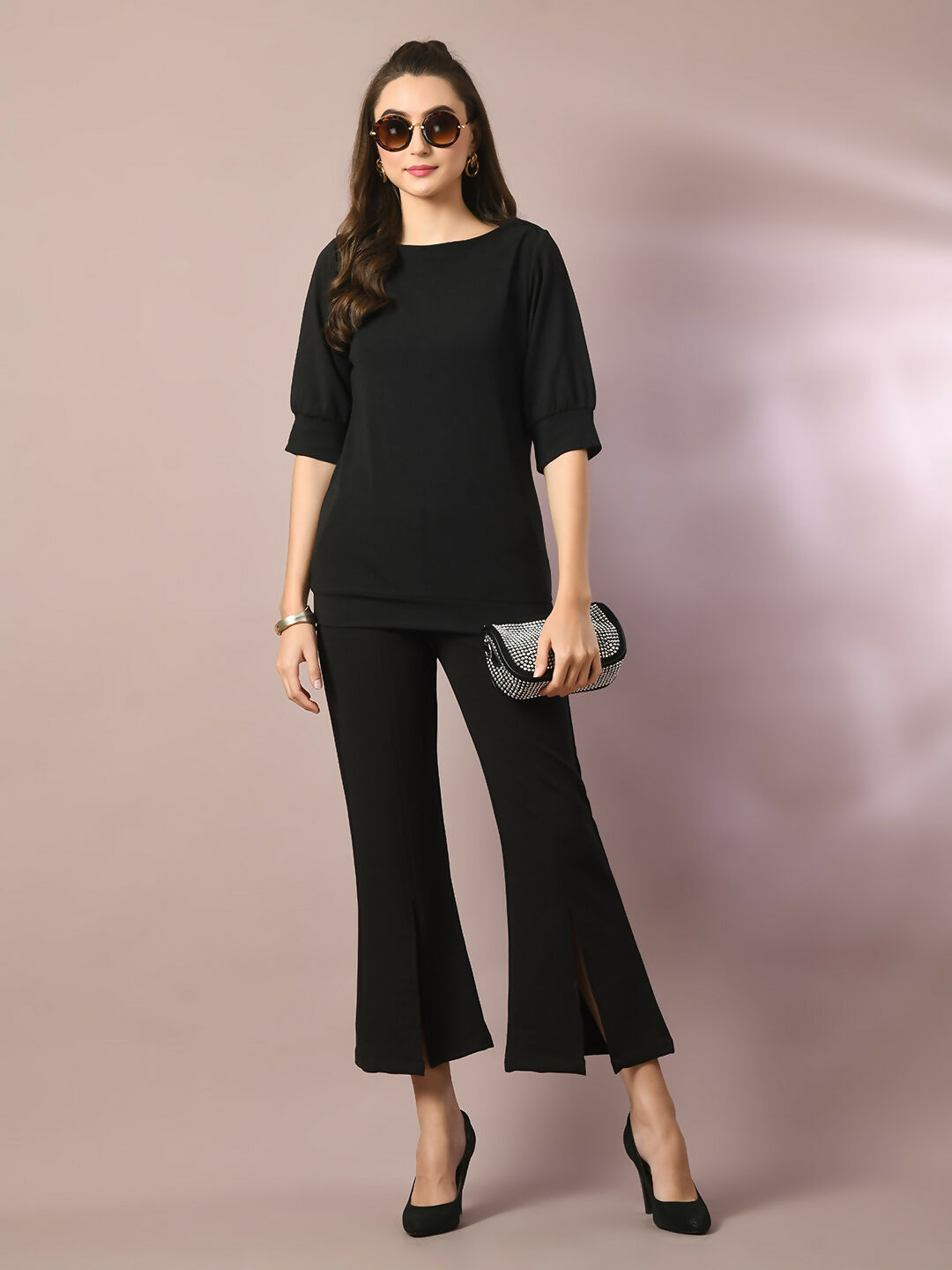Myshka Women's Black Solid Boat Neck Party Top With Trousers Co-ord set - Swadesiicart