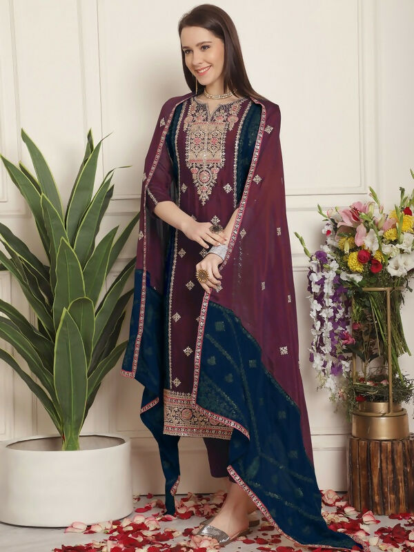 Jyoti Fashion Women's Magenta Chinon Chiffon Embroidered Designer Straight Suit Set | Swadesiicart