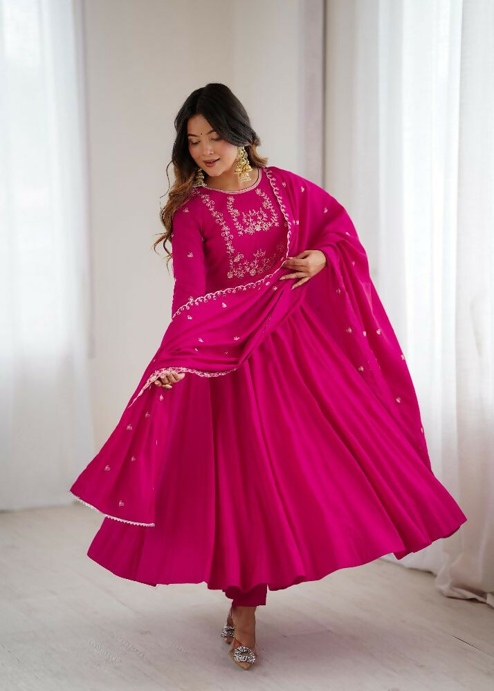 Joban Fashion Dark Pink Kurta Set Chanderi Sequence Embroidery Work - Swadesiicart
