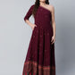 Ahalyaa Women Burgundy & Gold-Toned Ethnic Motifs One Shoulder Ethnic Maxi Dress | Swadesiicart