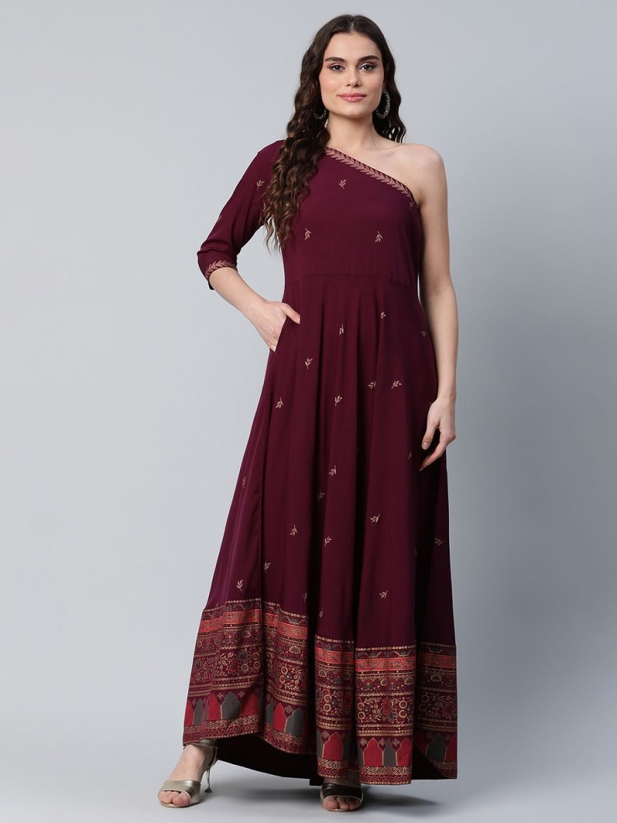 Ahalyaa Women Burgundy & Gold-Toned Ethnic Motifs One Shoulder Ethnic Maxi Dress | Swadesiicart