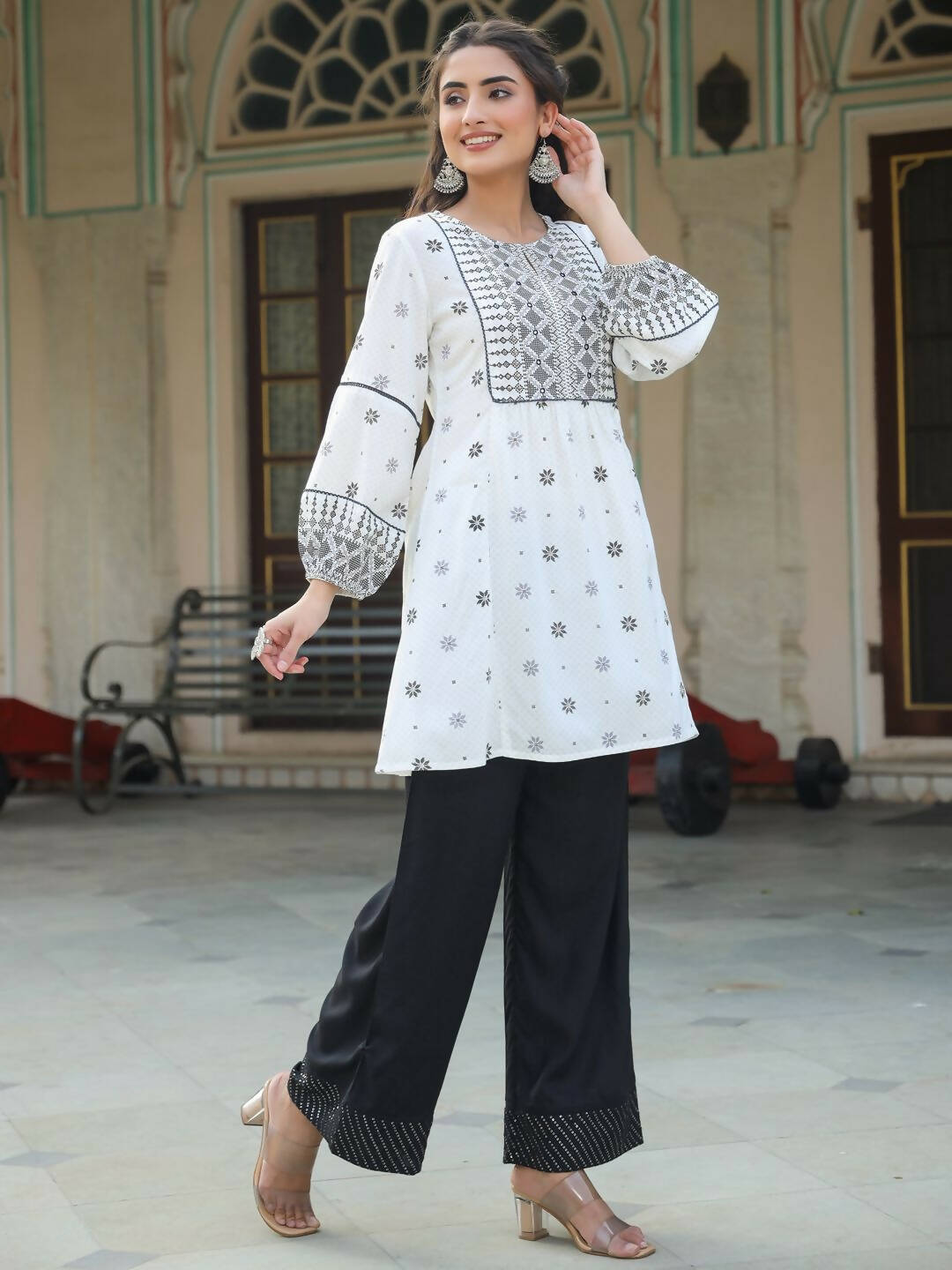 Juniper Women's White Rayon Staple Printed Straight Clothing Set | Swadesiicart