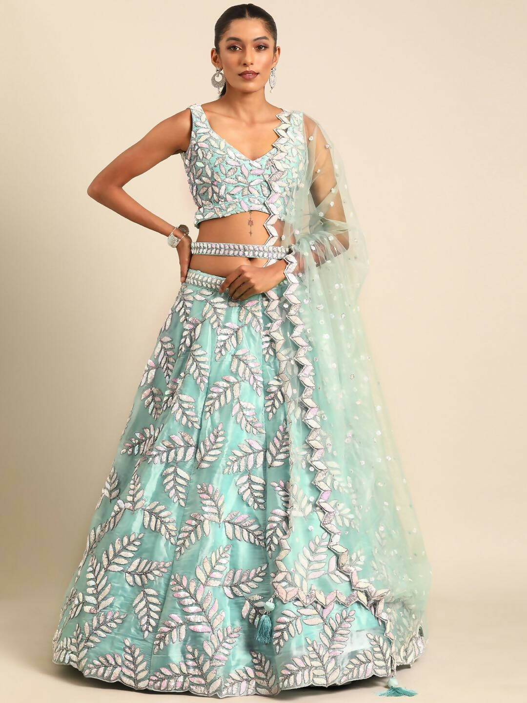 House of Panchhi Turquoise Blue Organza Sequins & Zarkan embroidery Lehenga choli & Dupatta | Swadesiicart