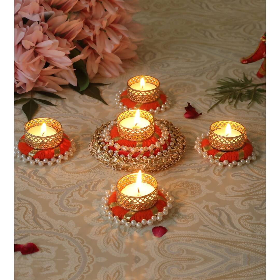 Tied Ribbons Set of 5 Orange & Gold-Toned Tealight Candle Holder | Swadesiicart