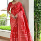 Vishnu Weaves Women's Red Handloom Raw Silk Thread Weaving Saree with Blouse - Swadesiicart