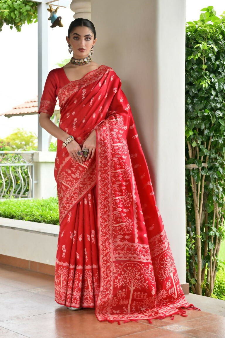 Vishnu Weaves Women's Red Handloom Raw Silk Thread Weaving Saree with Blouse - Swadesiicart