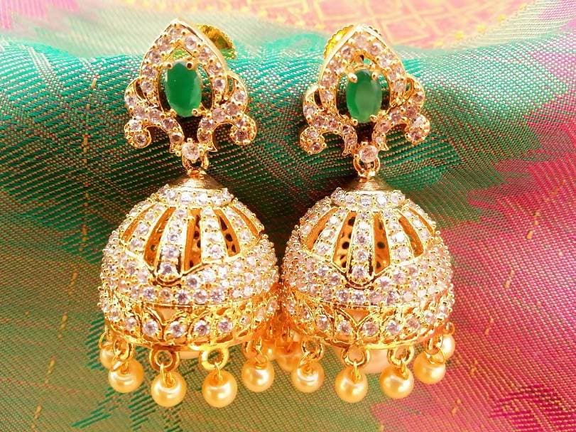 AD Emerald Jhumkas with Pearl Drops | Swadesiicart