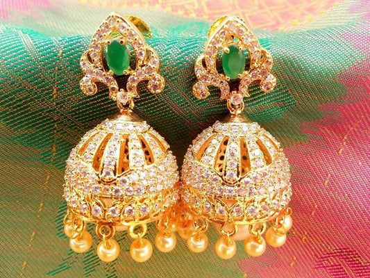AD Emerald Jhumkas with Pearl Drops | Swadesiicart