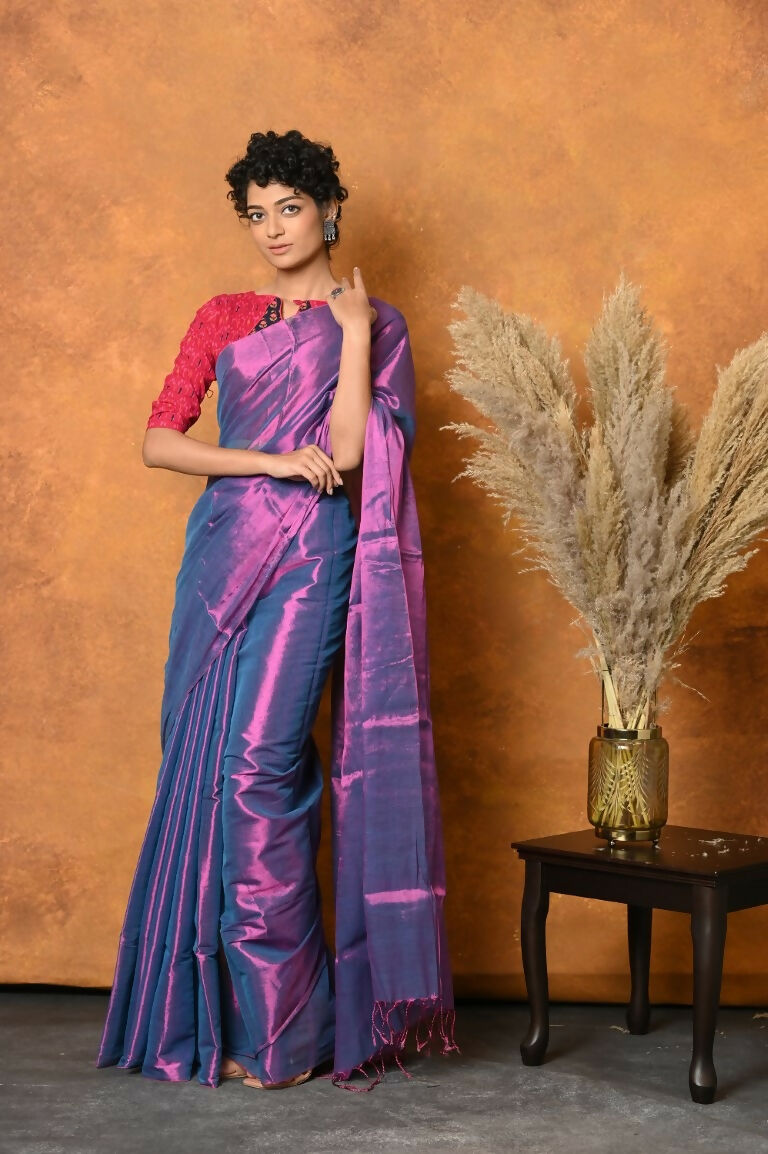 Very Much Indian Fusion Cotton Tissue Shimmer Saree - Dual Tone Purple | Swadesiicart