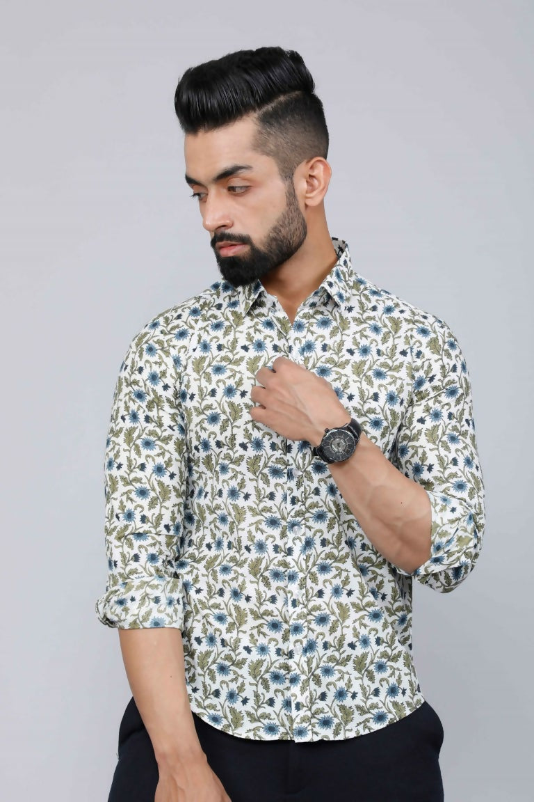 Miravan Men's White & Blue Floral Print Cotton Regular Fit Shirt | Swadesiicart
