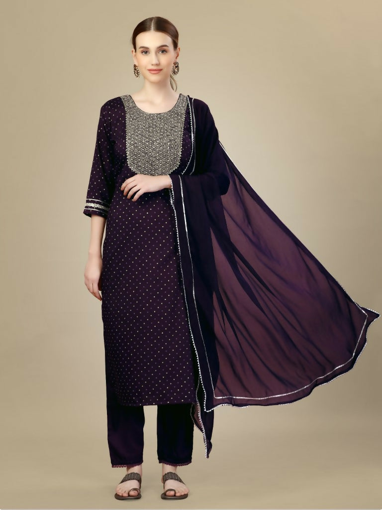 Jyoti Fashion Women's Purple Silk Blend Embroidery & Sequence work Kurta with Trouser & Dupatta | Swadesiicart