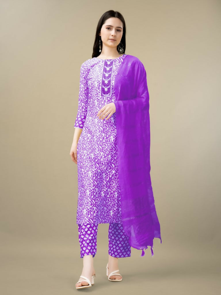 Jyoti Fashion Women's Purple Rayon Embroidery & Sequence work Kurta with Trouser & Dupatta | Swadesiicart