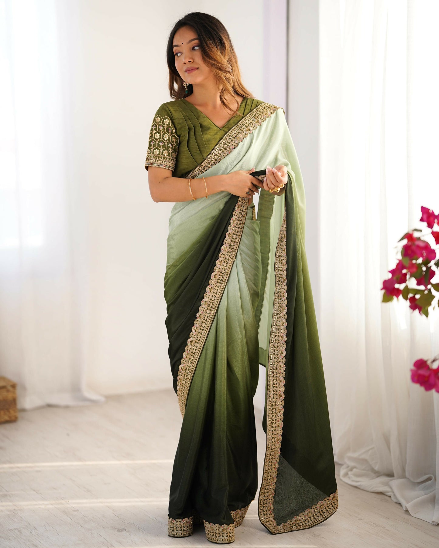 Exclusive Collection Pista Green Party Wear Chinon Salk Saree - Swadesiicart