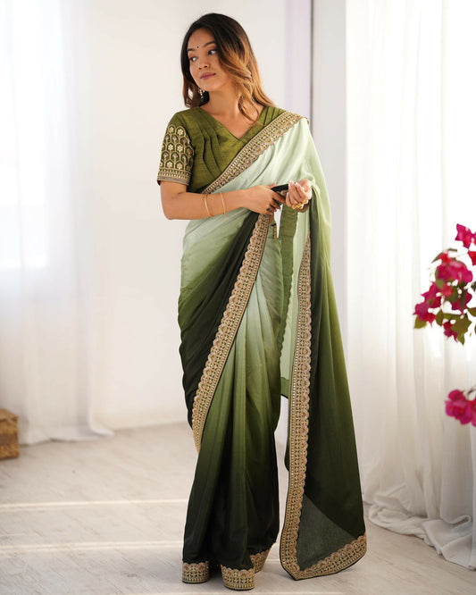 Exclusive Collection Pista Green Party Wear Chinon Salk Saree - Swadesiicart