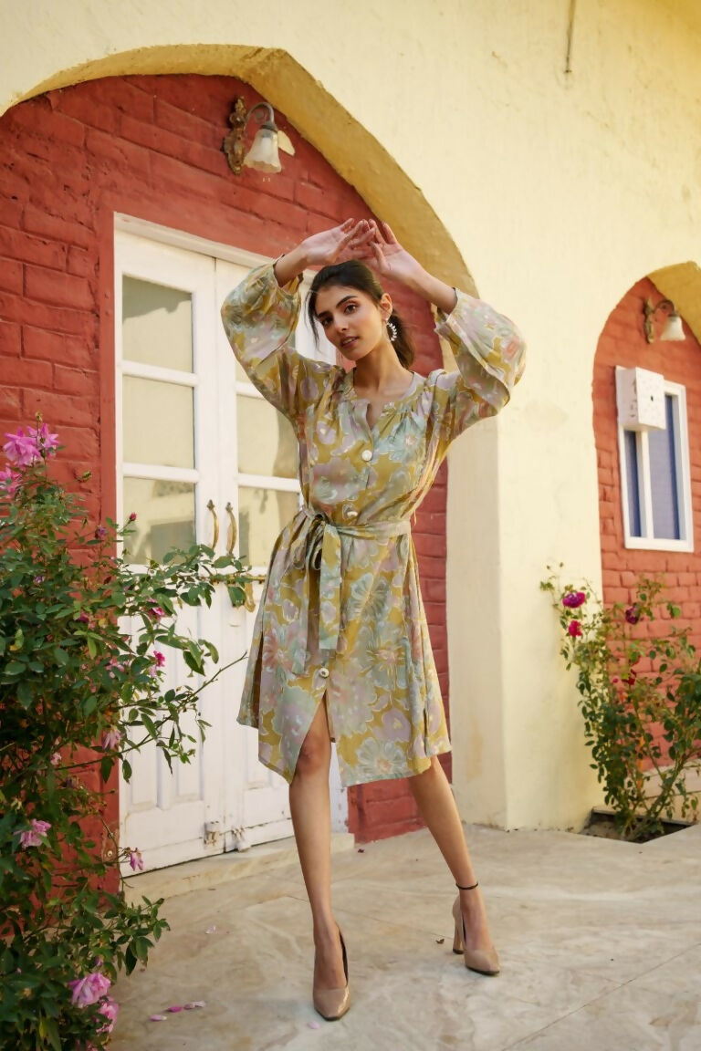 Vaasva Women Green Muslin Floral Printed Knee Length Dress | Swadesiicart
