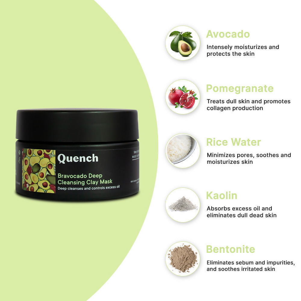 Quench Vitamin E Deep Cleansing Clay Mask with Avocado Removes Impurities & Refines Pores | Swadesiicart
