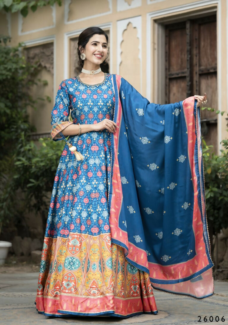 Wedding Designer Blue Soft Dola Silk Anarkali suit with Dupatta - Samanta - Swadesiicart