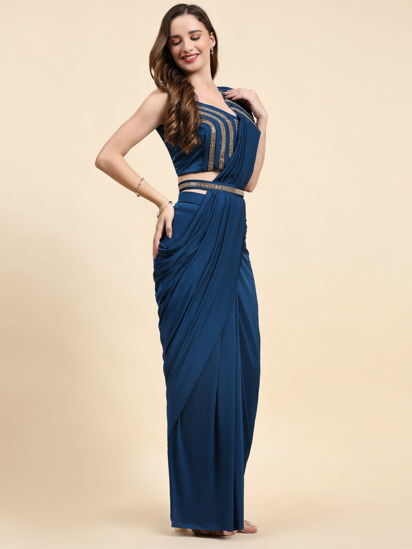 Blue Polyester Solid Ready to Wear Saree with stitched Blouse - Nita | Swadesiicart