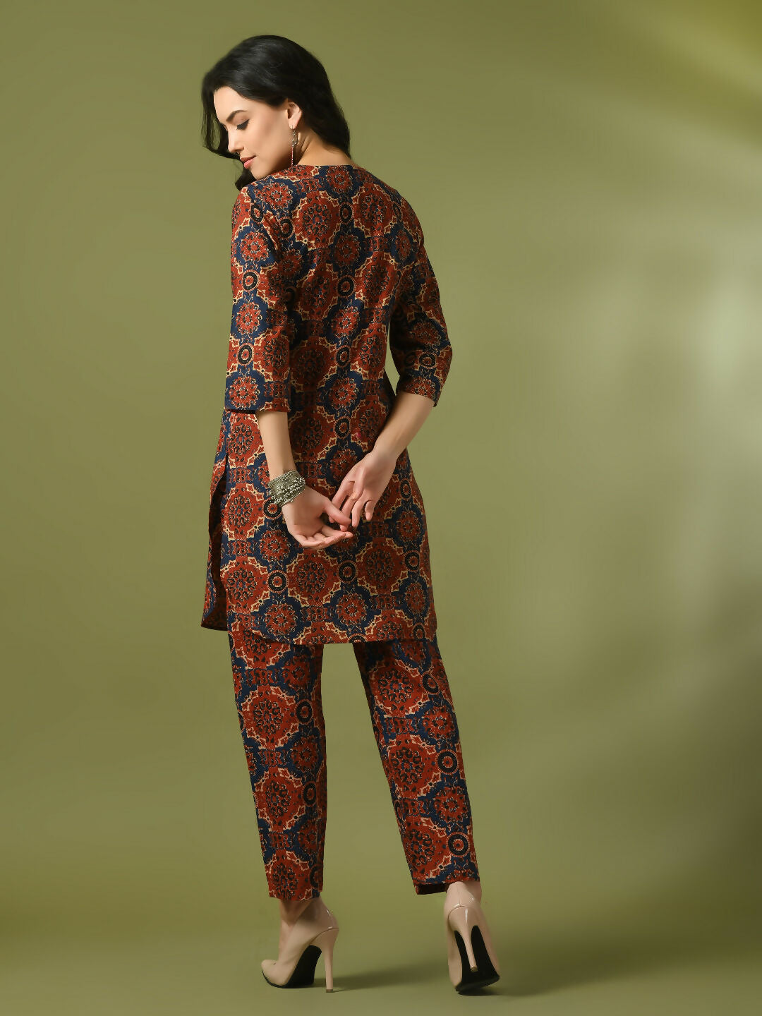 Myshka Women's Multi Printed Cotton Round Neck Party Tunic With Trousers Co-ord set - Swadesiicart