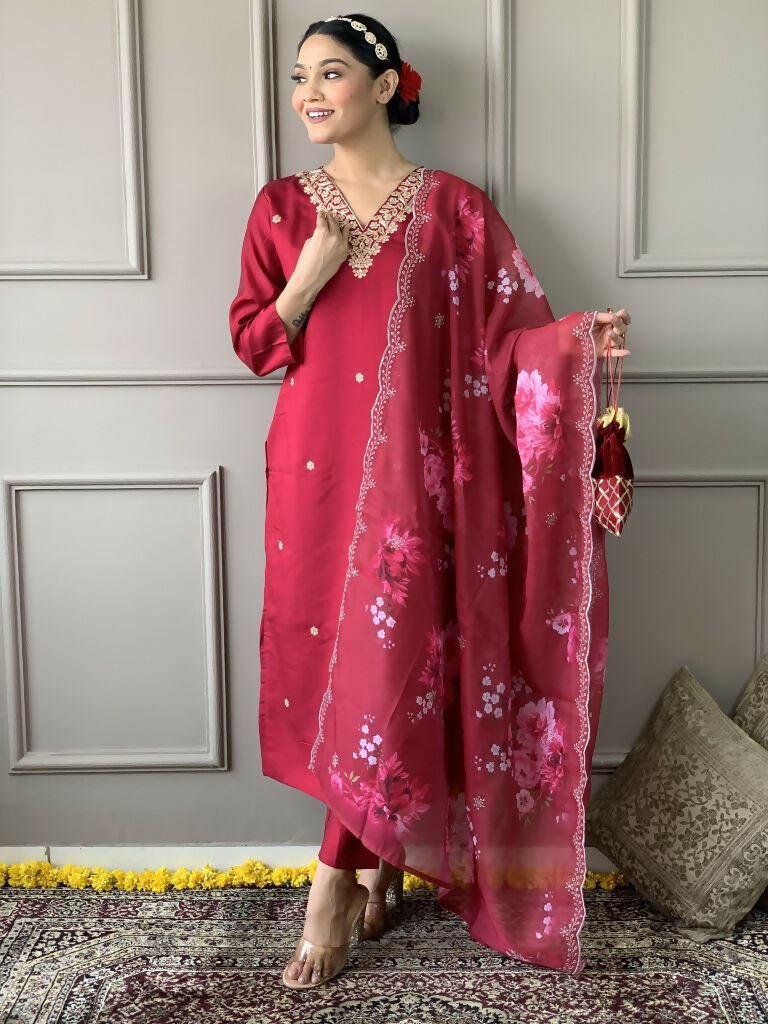 Rani Pink Viscose Chanderi Stitched Suit With Dupatta - Tanisha | Swadesiicart