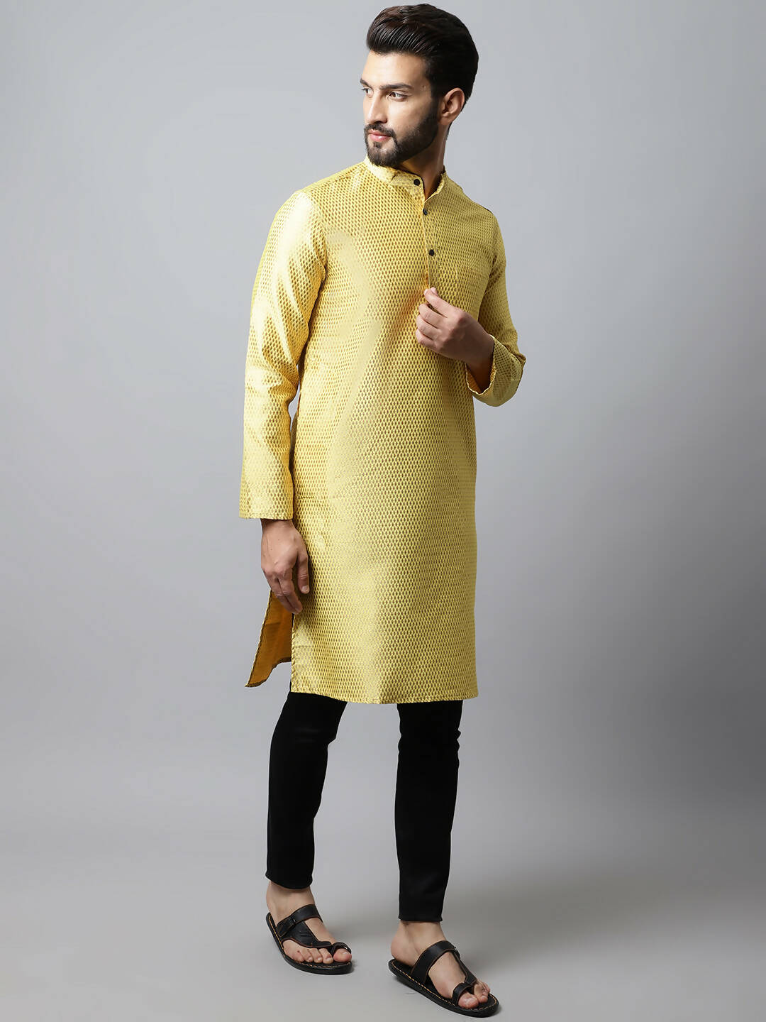 Even Apparels Yellow Color Art Silk Banarsi Silk Men's Kurta With Band Collar (BS017) | Swadesiicart