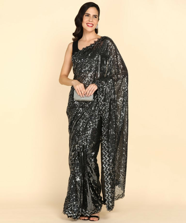 Dishitha Creation Indian Women's Designer Georgette Sequence Saree - Black | Swadesiicart