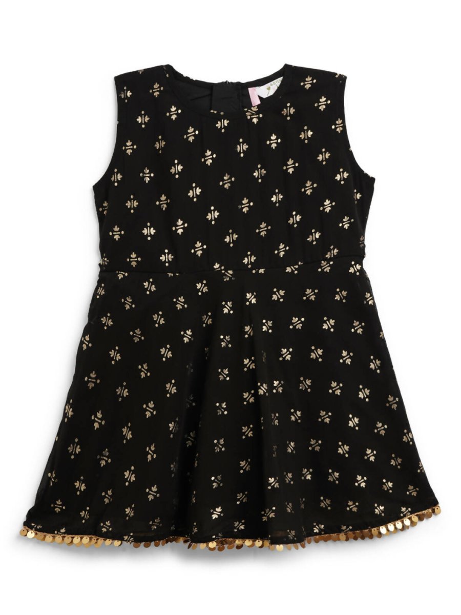 Ahalyaa Black Georgette Gold Foil Print Kids Peplum style Kurta Sharara Set With Dupatta For Girls | Swadesiicart