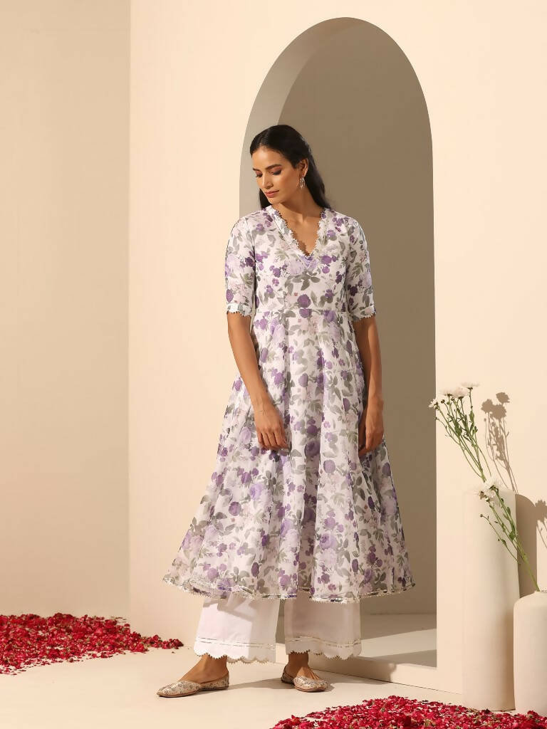 Pomcha Jaipur White Gul Jamini Anarkali Set | Swadesiicart