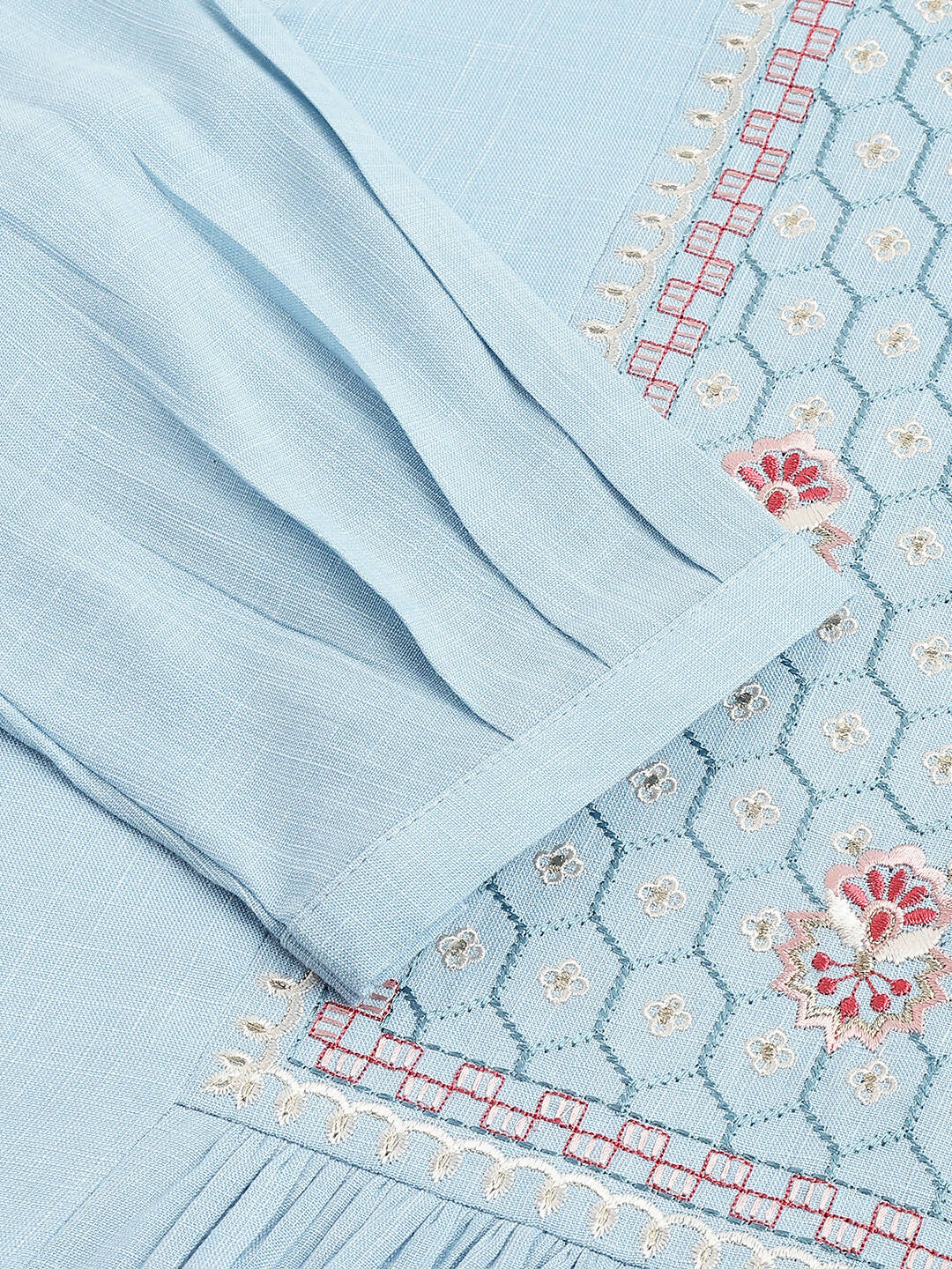 Light Blue Rayon Yoke Embroidered A-line Top - Tarini - Swadesiicart
