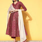 Ahalyaa Women's Wine Colour Poly Silk Gold Paste Printed Kurta Pant Set | Swadesiicart