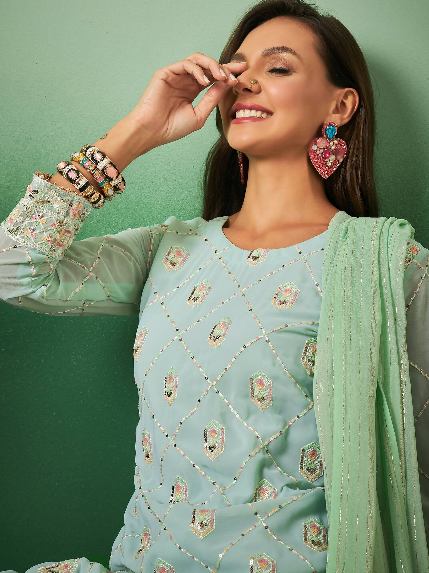 Sea Green Georgette Handwork Unstitched Dress Material - Hanika | Swadesiicart