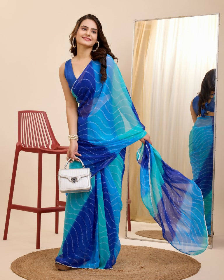 Blue Georgette Designer Printed Ready To Wear Saree - Ibiza | Swadesiicart
