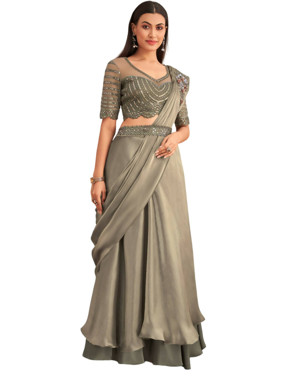 Green Satin Embroidered Ready To Wear Saree With Unstitched Blouse Piece - Nandika | Swadesiicart