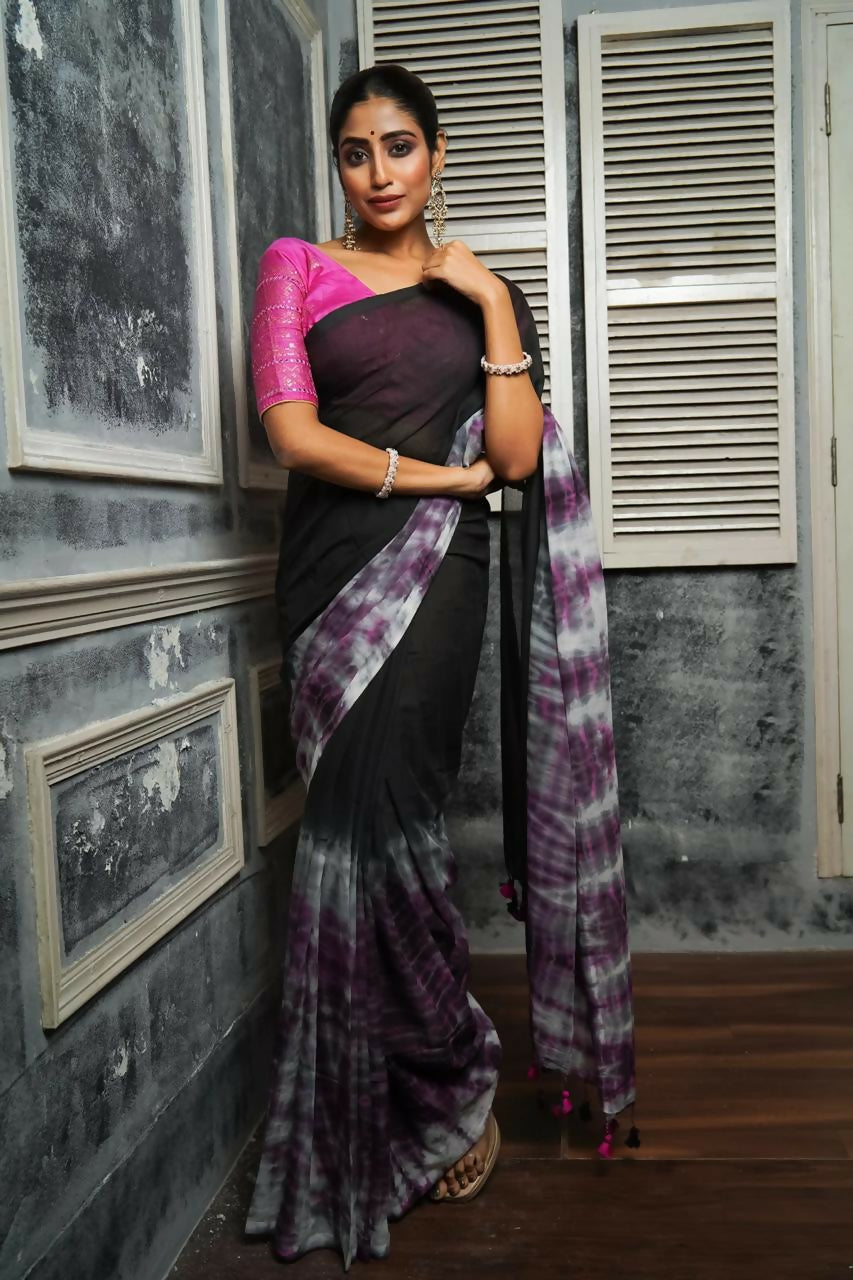 Exclusive Collection Black Violet Beautiful Super Soft Most Comfortable Pure Mul Cotton Saree - Swadesiicart