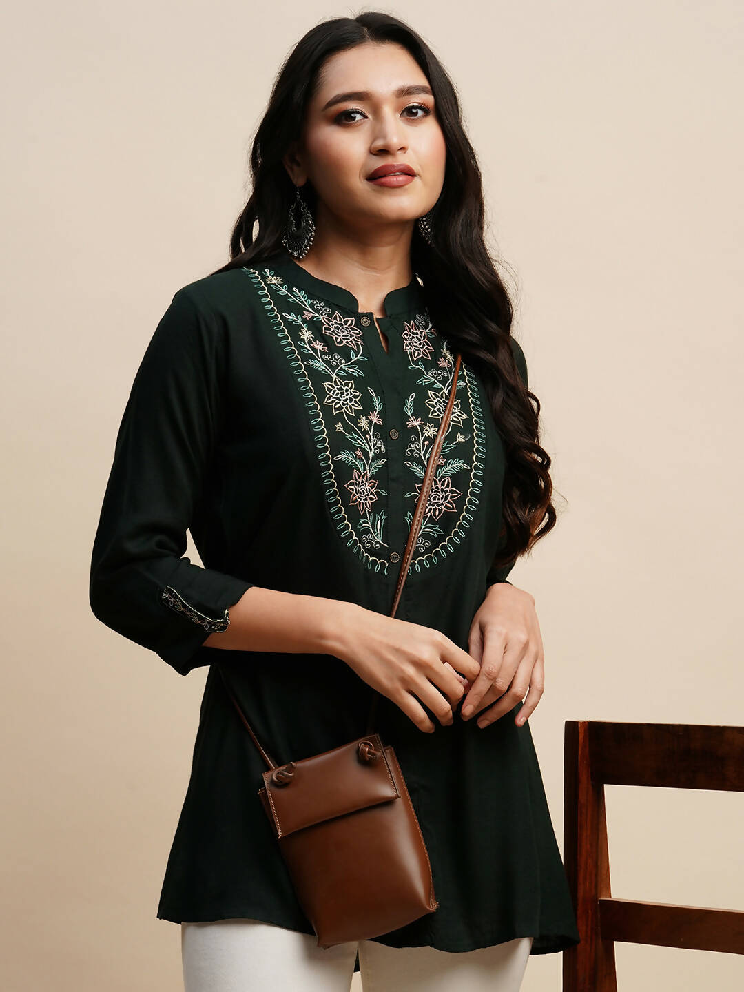Dark Green Rayon Embroidered Top - Tarini - Swadesiicart